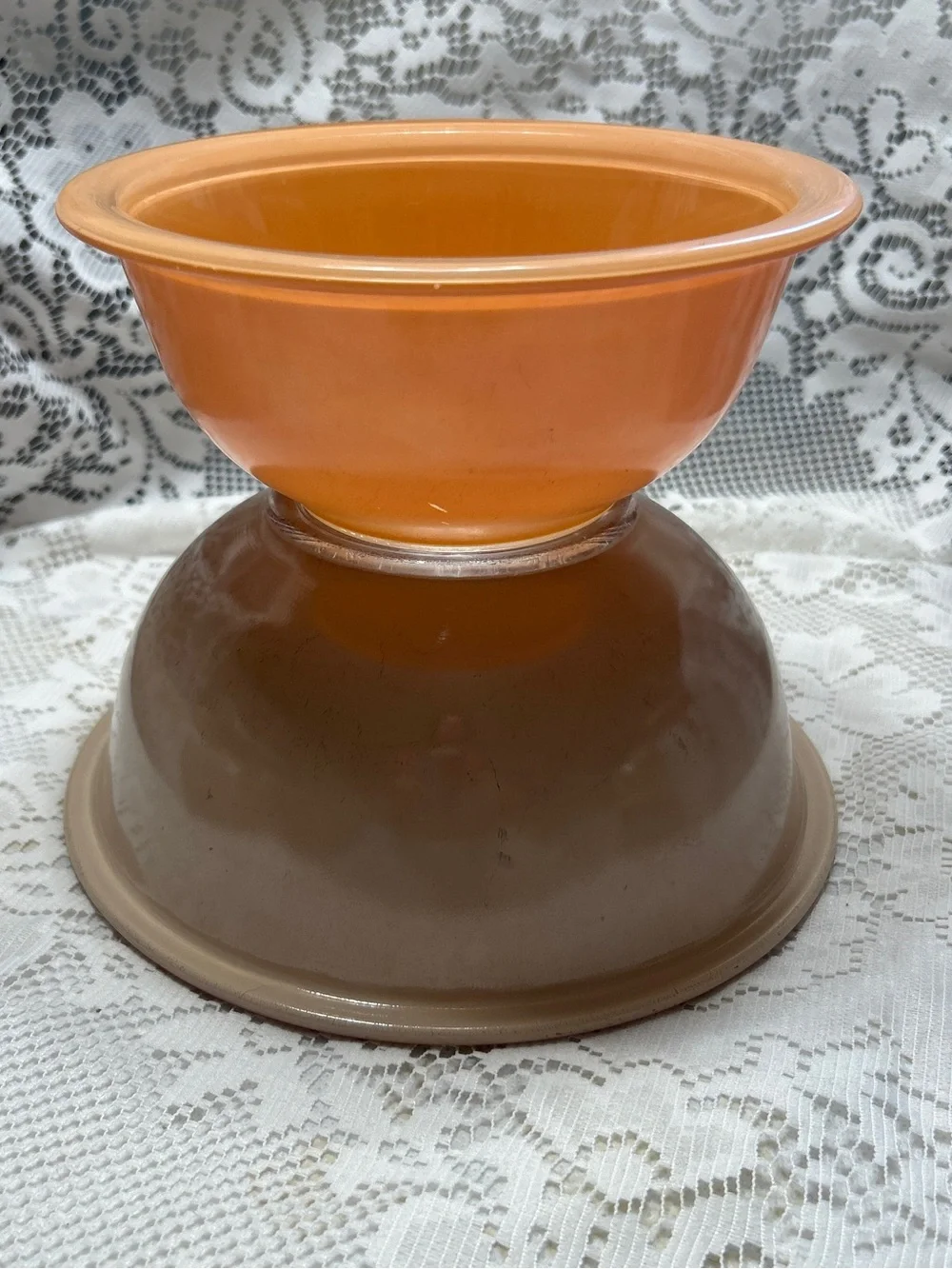 Vintage Pyrex Corning USA Peach & Brown Glass Mixing Bowls Set of 2